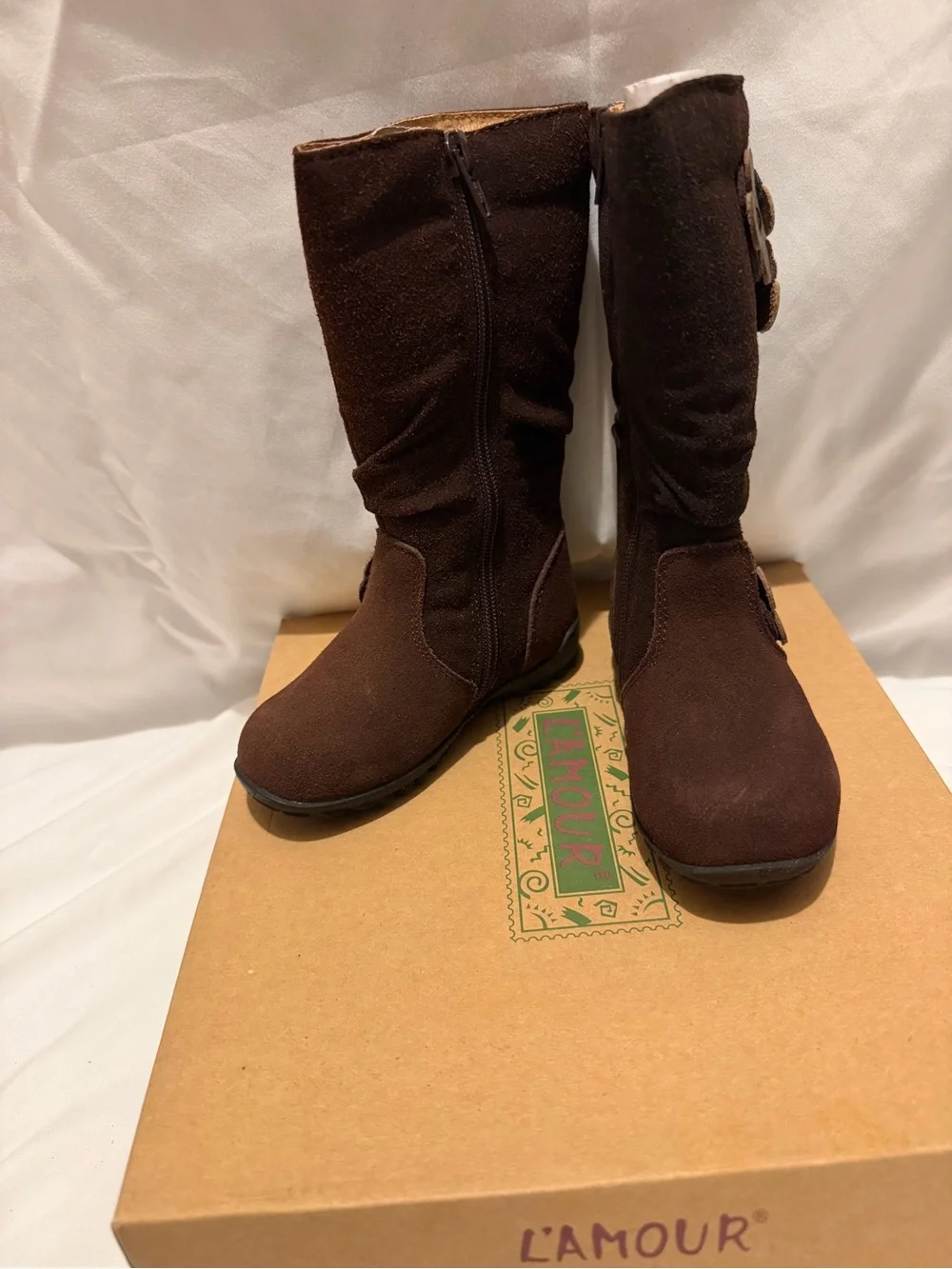 L'Amour Flower Boots Girls Size 7 Brown Tall Boots Side Zip Suede- NIB